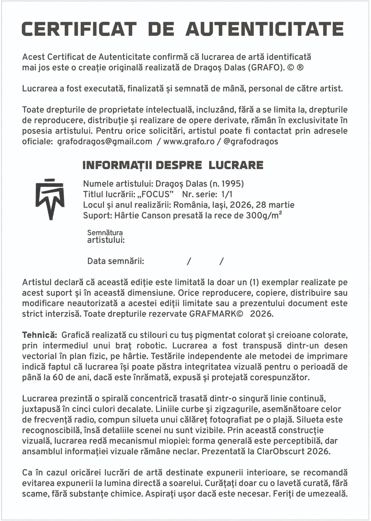 Exemplu de certificat de autenticitate pentru lucrarea „FOCUS”